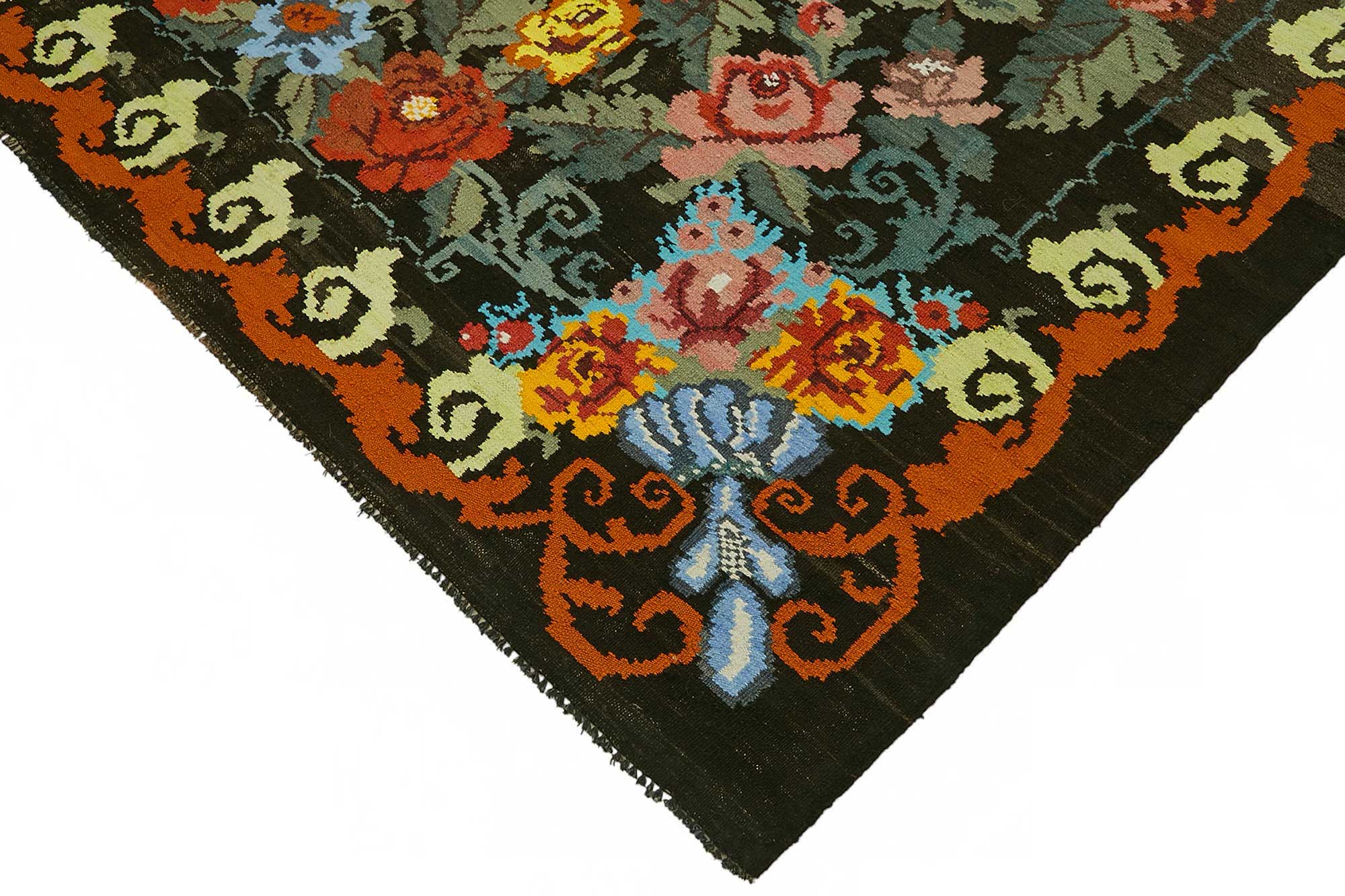7x11 Black Vintage Moldovan Kilim Rug - 22234