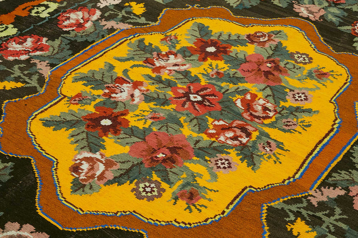 7x11 Black Vintage Moldovan Kilim Rug - 22234
