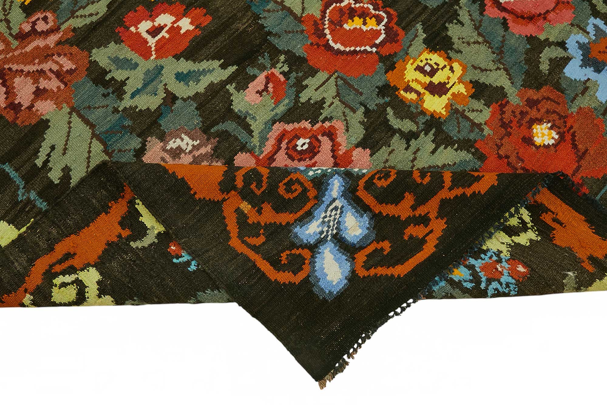 7x11 Black Vintage Moldovan Kilim Rug - 22234