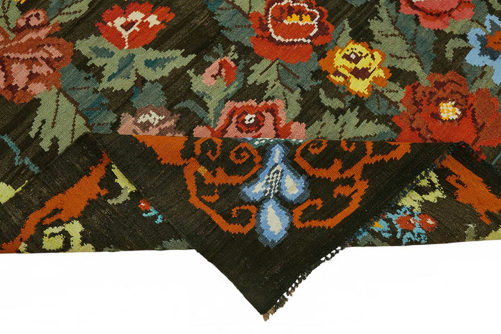 7x11 Black Vintage Moldovan Kilim Rug - 22234