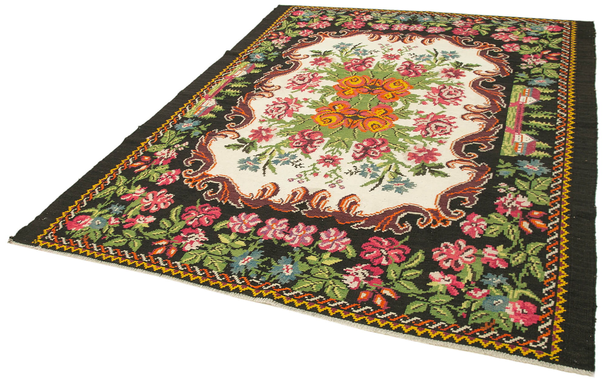 7x9 Black Vintage Moldovan Kilim Rug - 22237