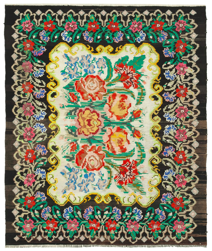 6x7 Black Vintage Moldovan Kilim Rug - 22239