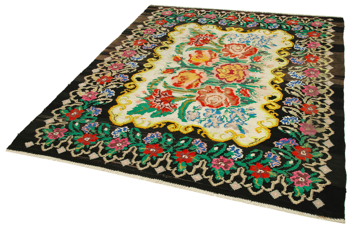 6x7 Black Vintage Moldovan Kilim Rug - 22239