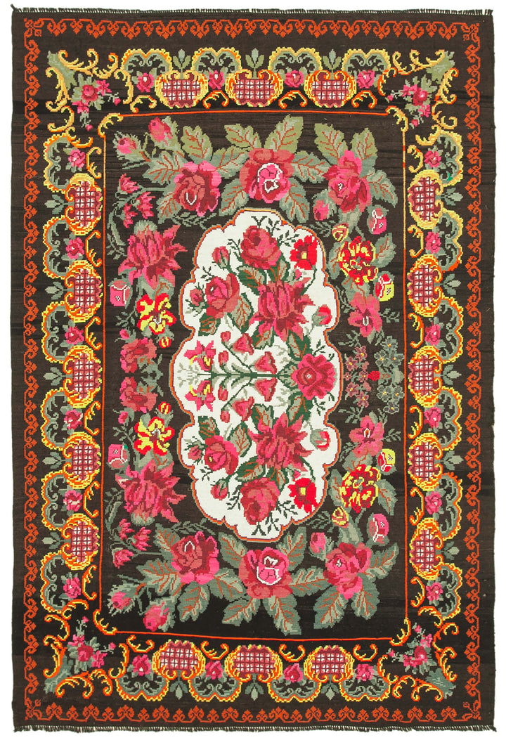 7x11 Black Vintage Moldovan Kilim Rug - 22241