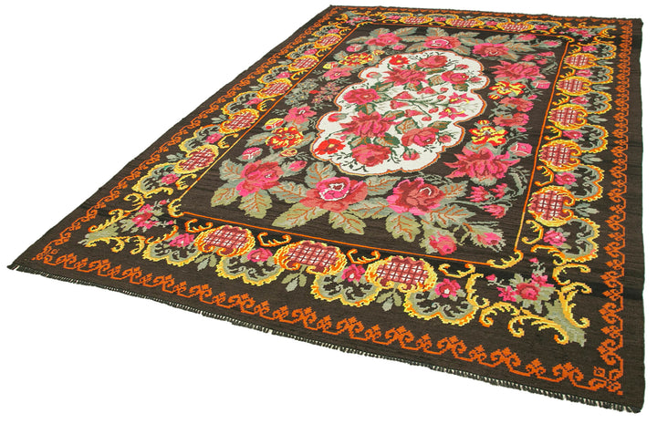 7x11 Black Vintage Moldovan Kilim Rug - 22241
