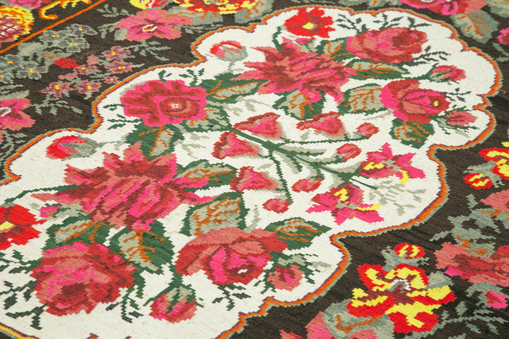 7x11 Black Vintage Moldovan Kilim Rug - 22241