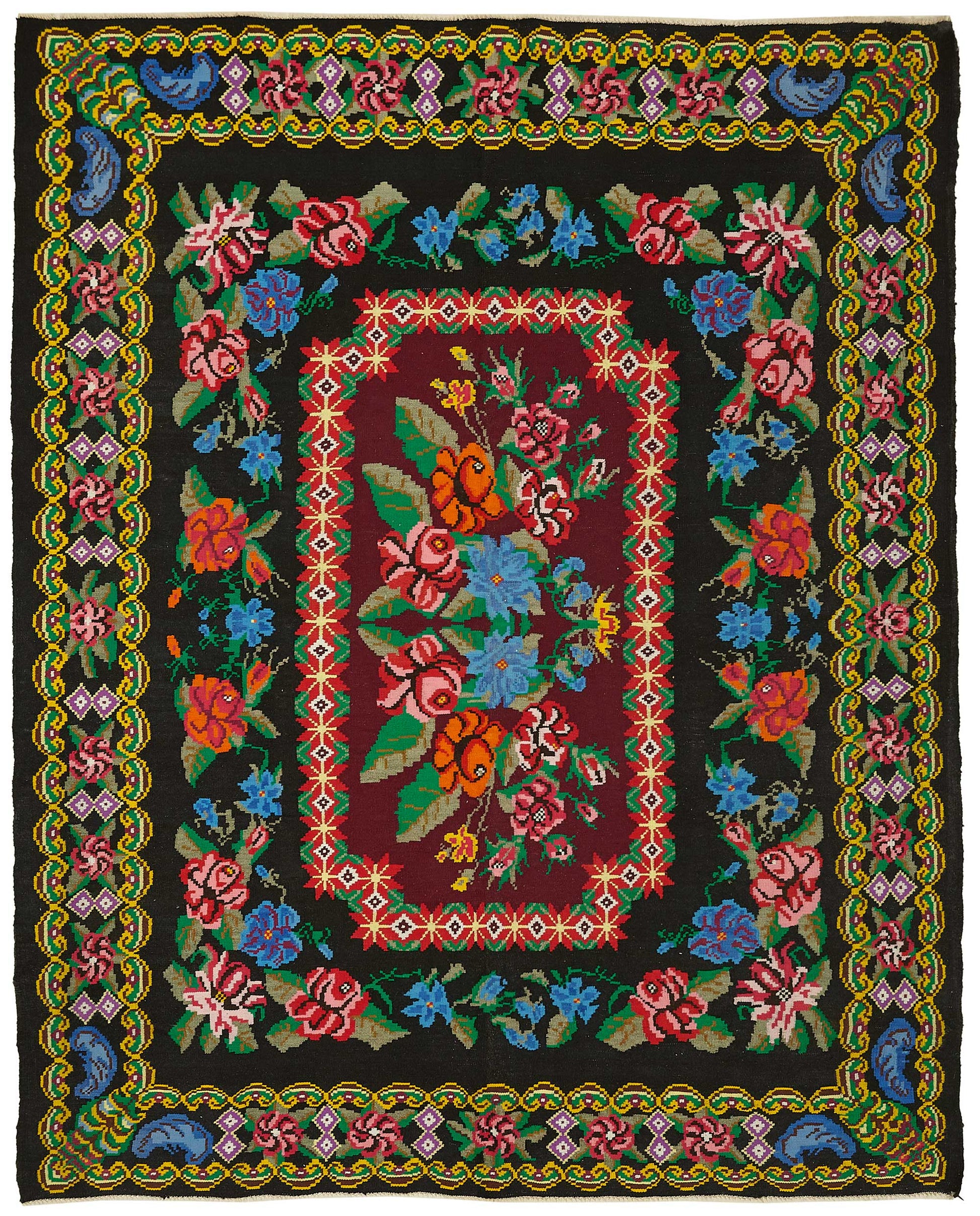 7x9 Black Vintage Moldovan Kilim Rug - 22248