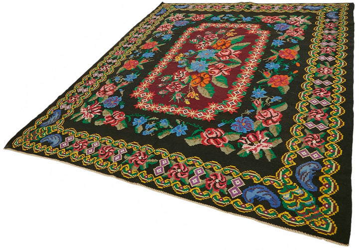 7x9 Black Vintage Moldovan Kilim Rug - 22248
