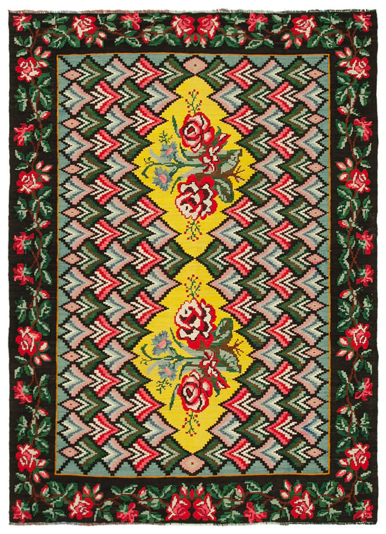 7x9 Black Vintage Moldovan Kilim Rug - 22255