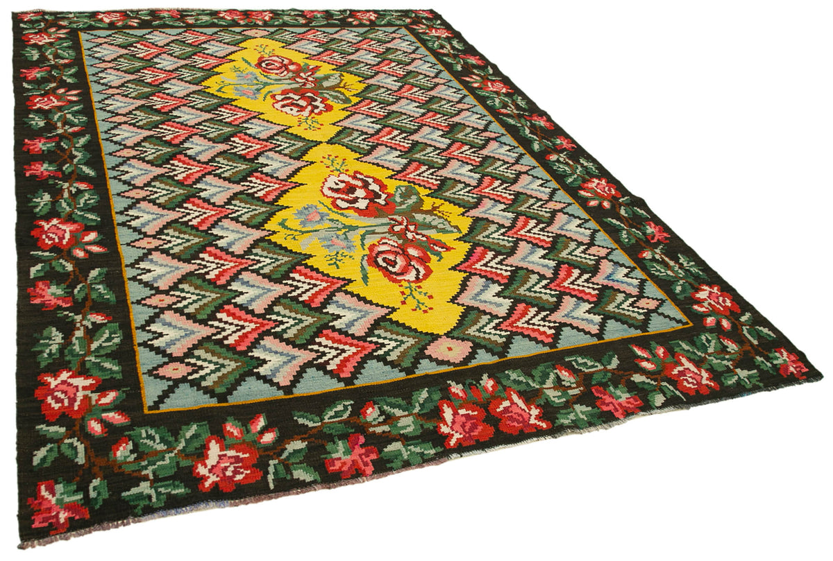7x9 Black Vintage Moldovan Kilim Rug - 22255