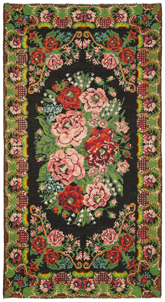 7x13 Black Rose Kilim Runner Rug - 23259