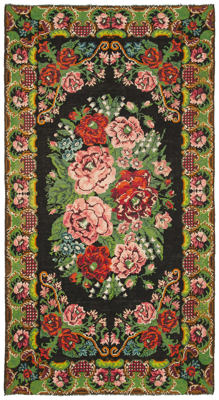 7x13 Black Rose Kilim Runner Rug - 23259