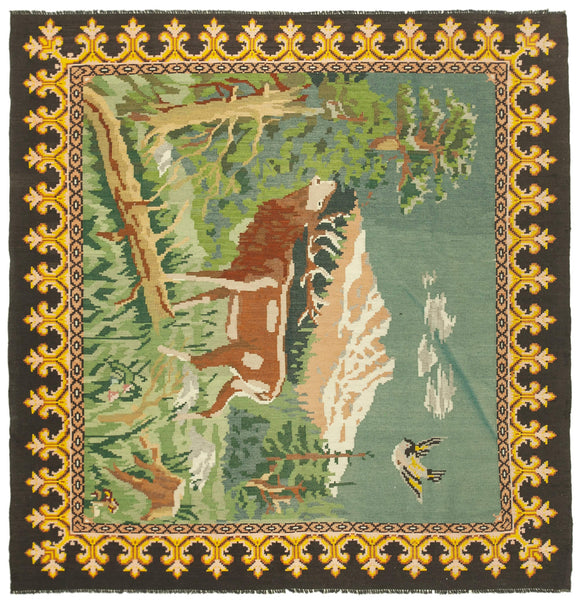 7x7 Black Vintage Moldovan Kilim Rug - 23288