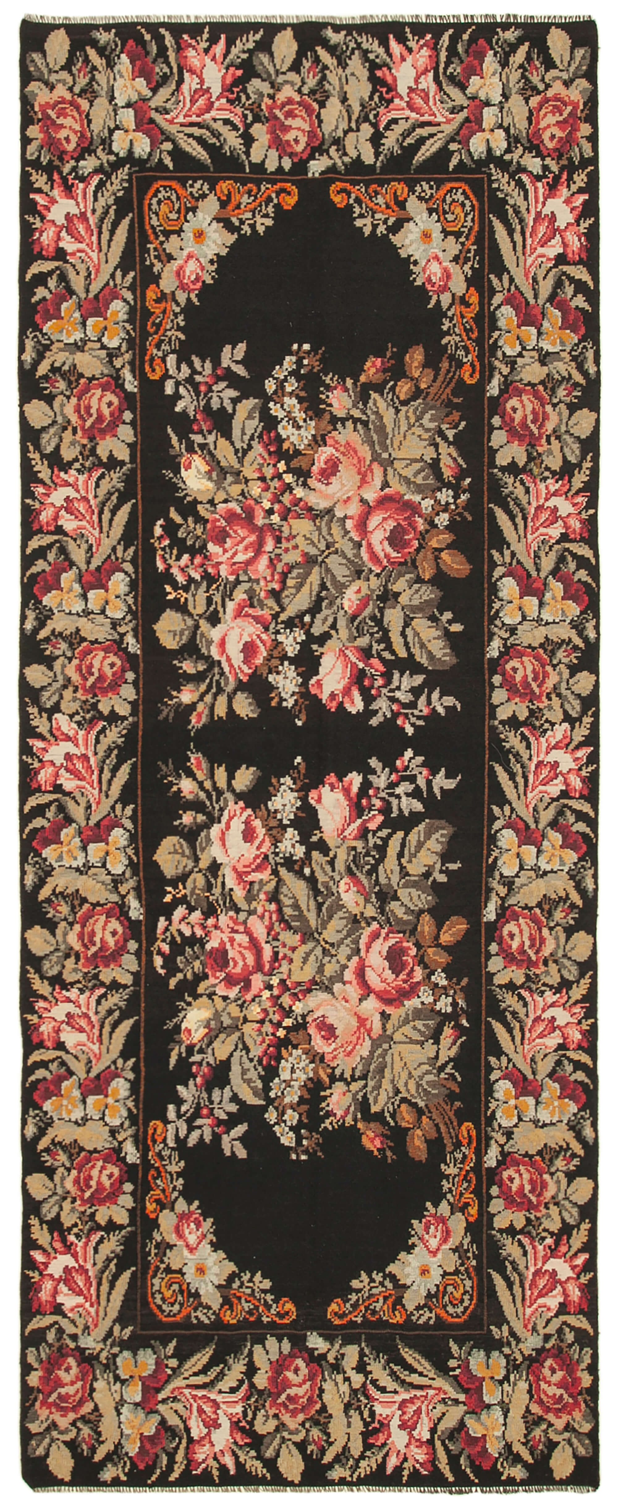 5x13 Black Rose Kilim Runner Rug - 23337