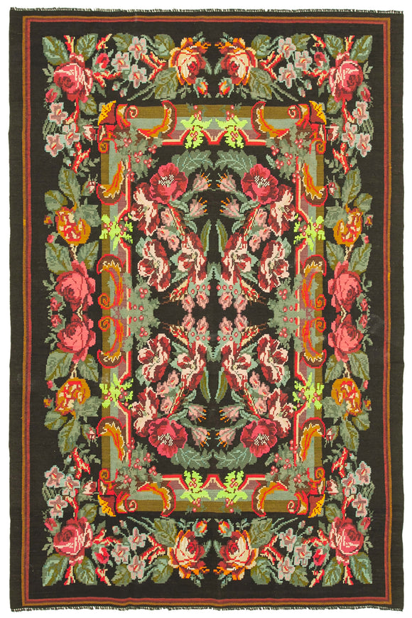 7x11 Black Vintage Moldovan Kilim Rug - 23347