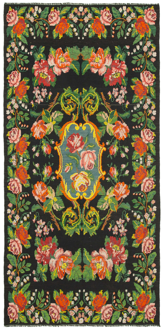 7x13 Black Rose Kilim Runner Rug - 23351