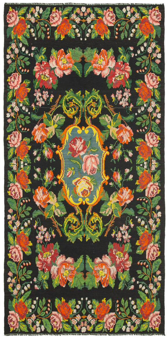 7x13 Black Rose Kilim Runner Rug - 23351