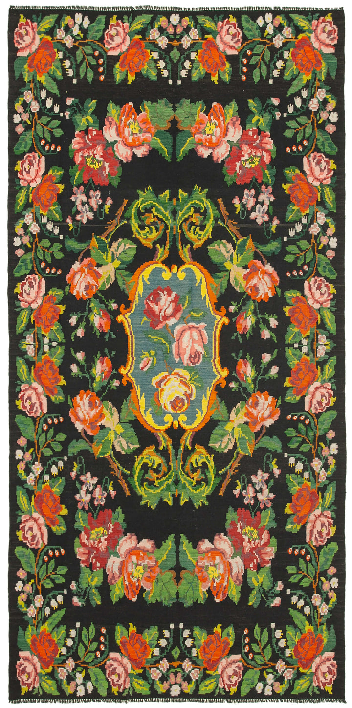 7x13 Black Rose Kilim Runner Rug - 23351