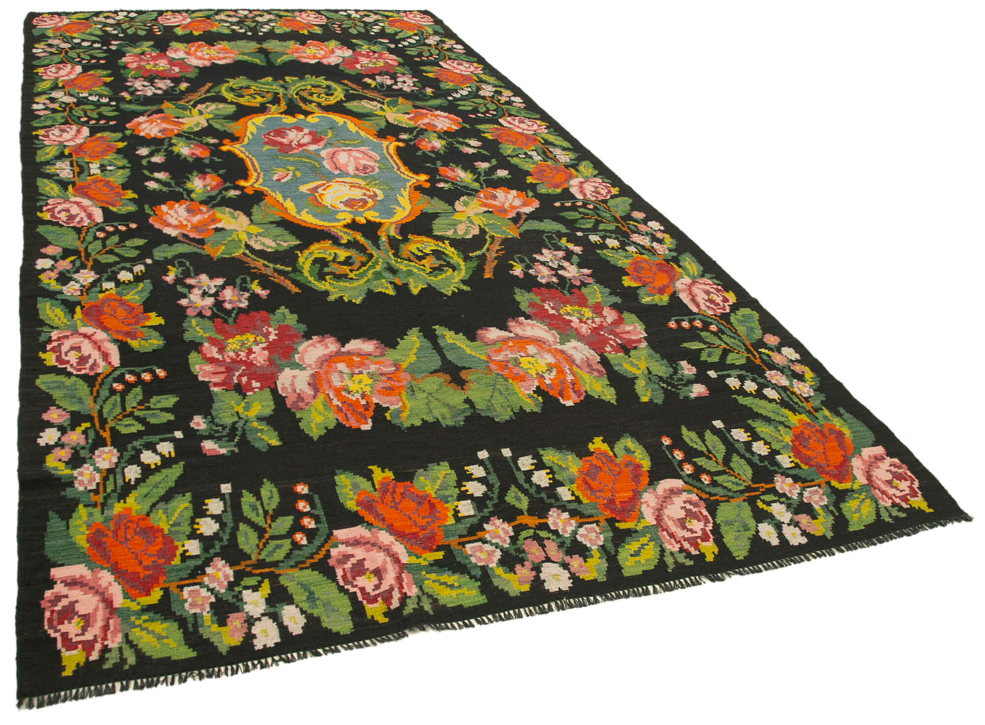 7x13 Black Rose Kilim Runner Rug - 23351