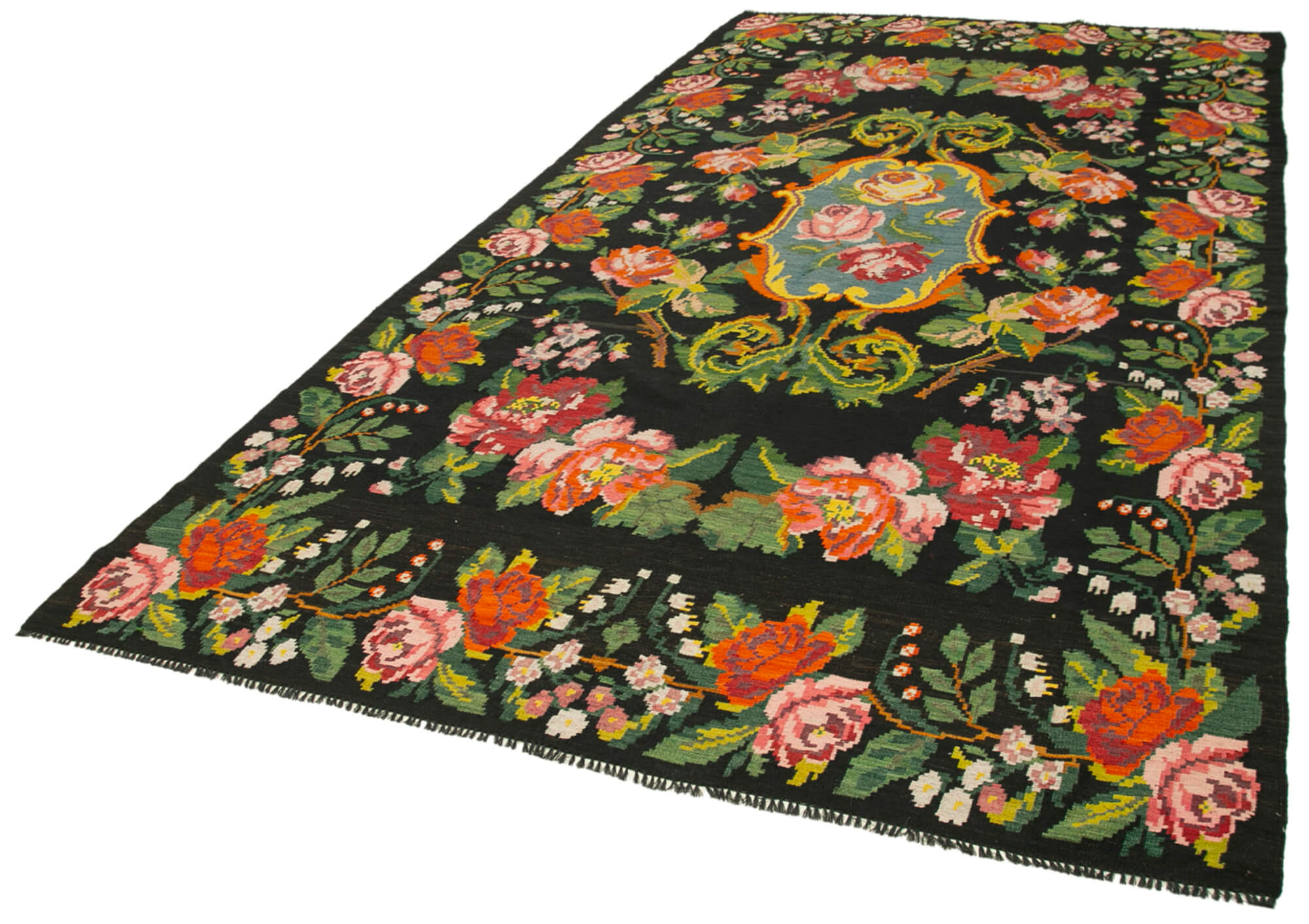 7x13 Black Rose Kilim Runner Rug - 23351