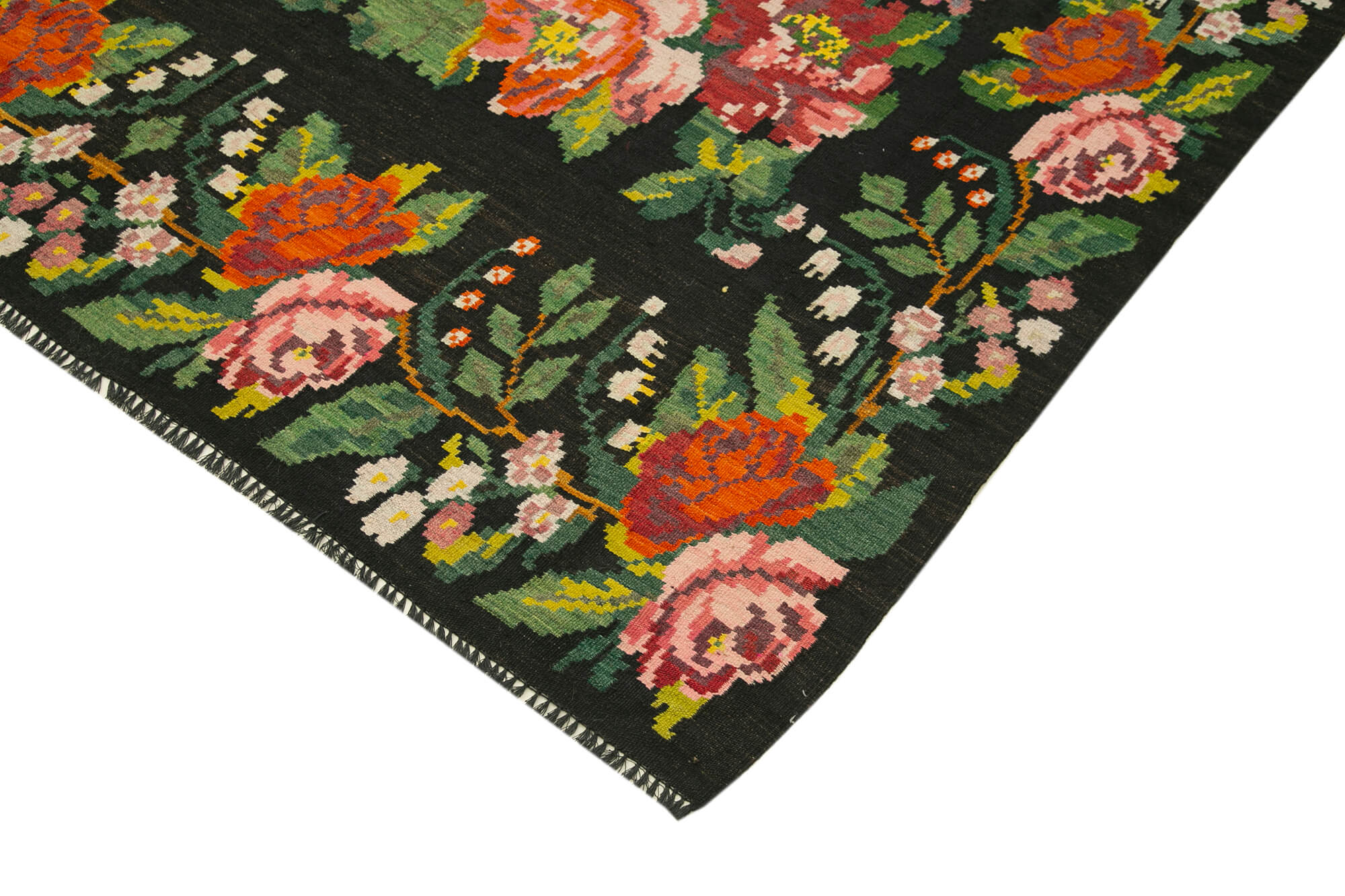 7x13 Black Rose Kilim Runner Rug - 23351