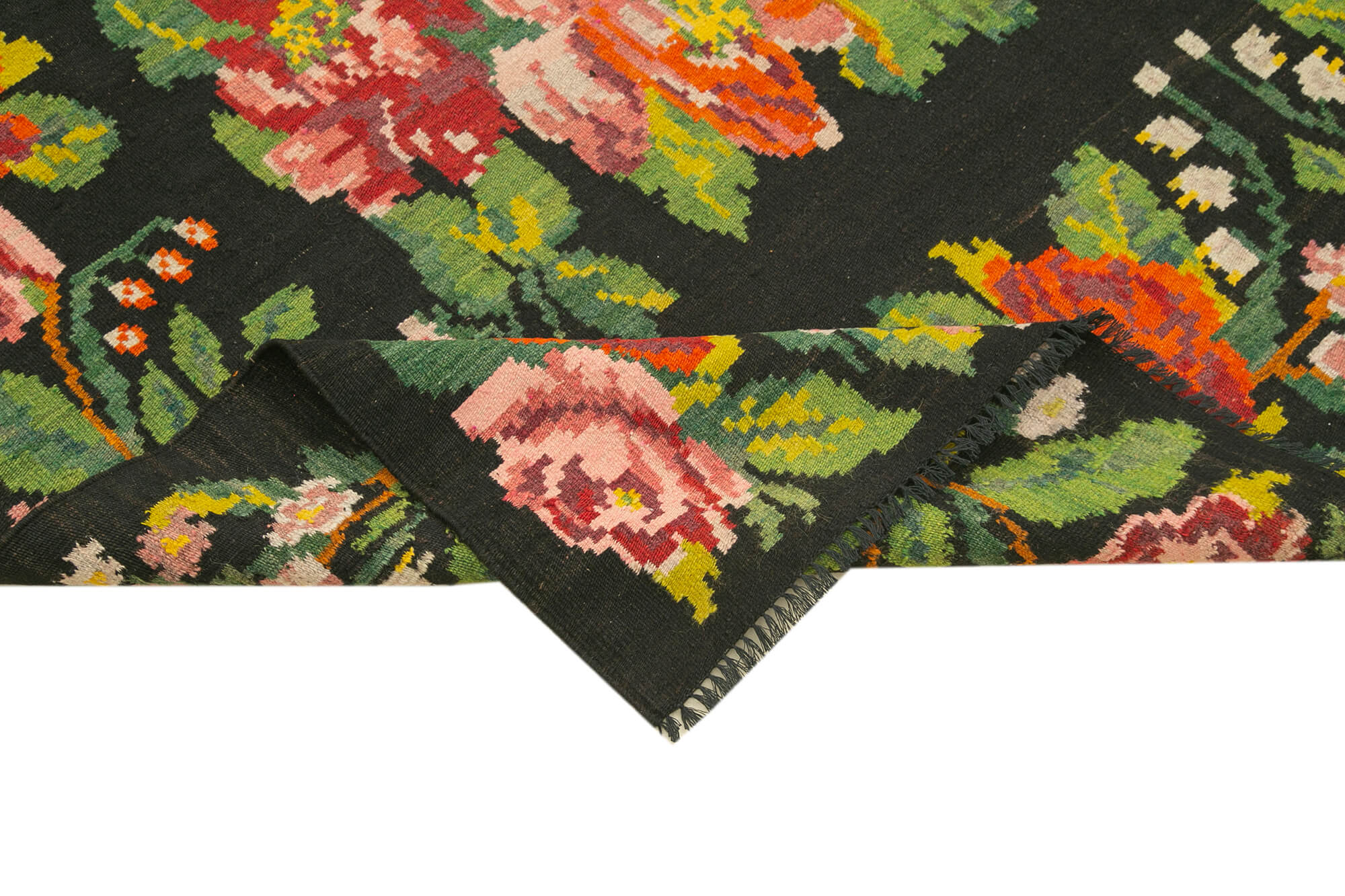 7x13 Black Rose Kilim Runner Rug - 23351