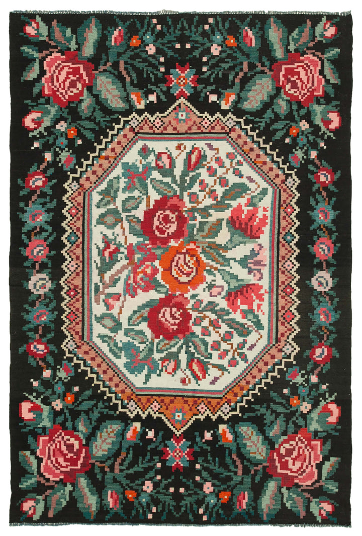 6x9 Black Vintage Moldovan Kilim Rug - 23363