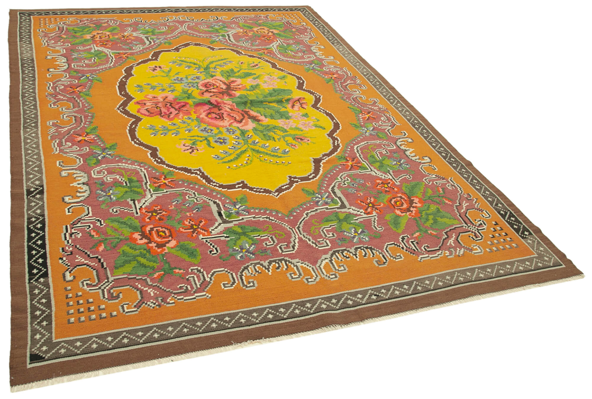 7x9 Yellow Vintage Moldovan Kilim Rug - 23380