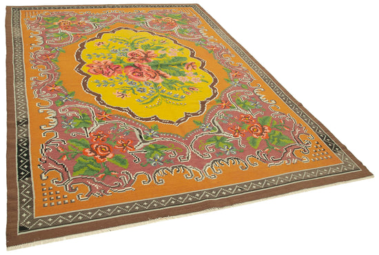 7x9 Yellow Vintage Moldovan Kilim Rug - 23380