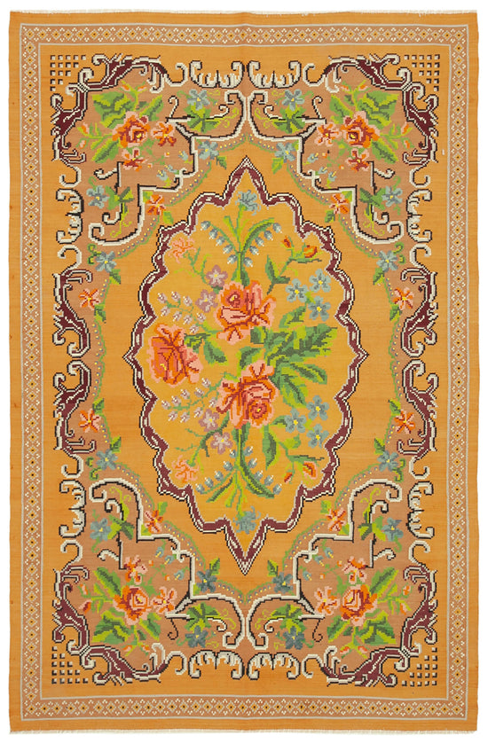 7x10 Yellow Vintage Moldovan Kilim Rug - 23382
