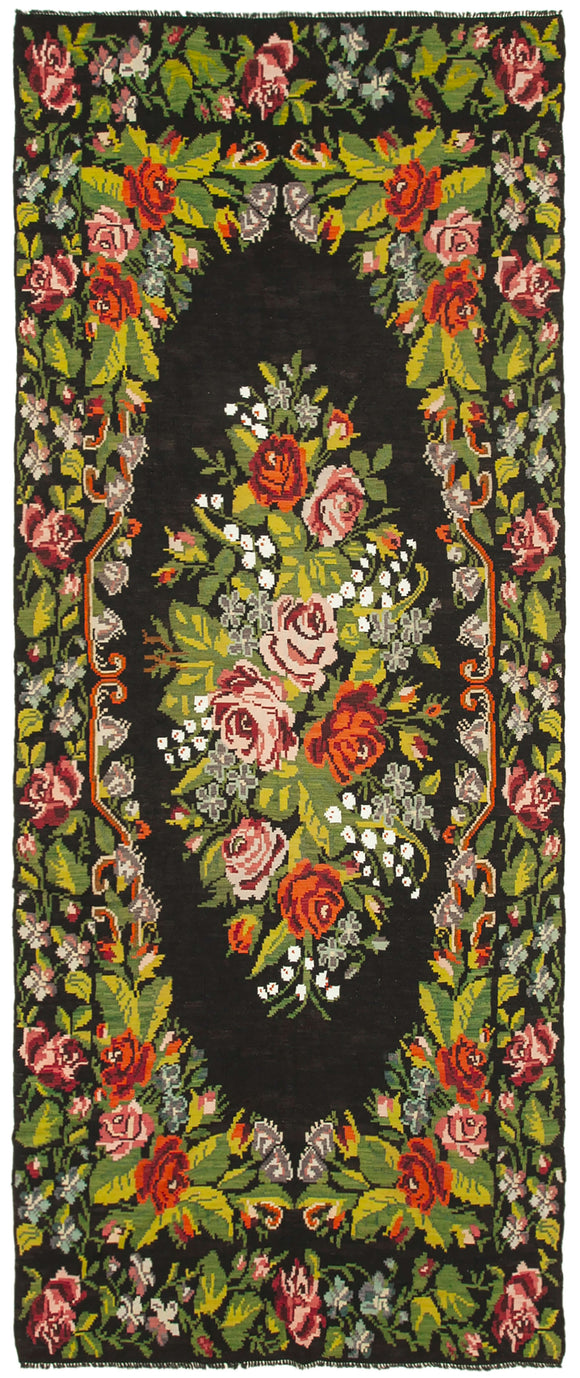 7x17 Black Rose Kilim Runner Rug - 23393