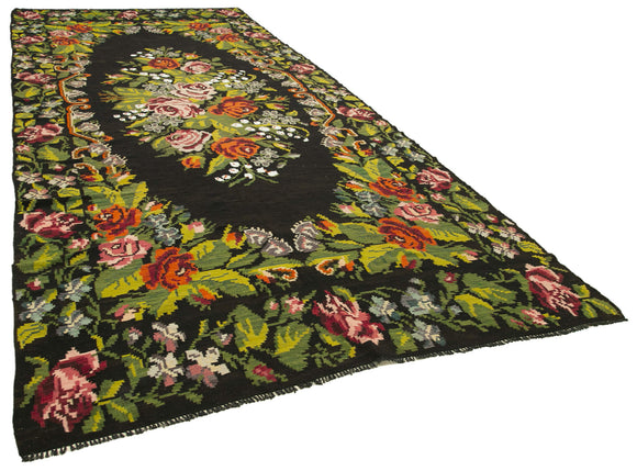 7x17 Black Rose Kilim Runner Rug - 23393