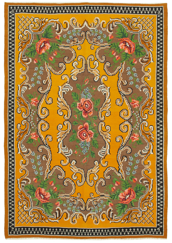 6x9 Yellow Vintage Moldovan Kilim Rug - 23396