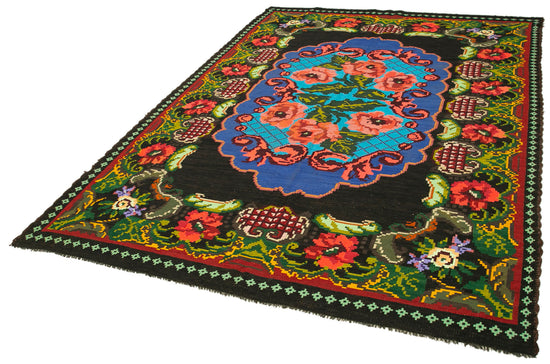 7x10 Black Vintage Moldovan Kilim Rug - 23430