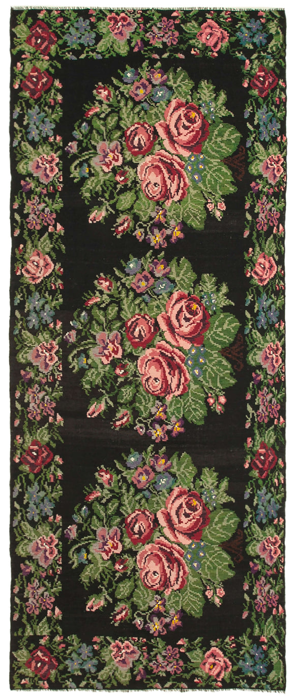 6x15 Black Rose Kilim Runner Rug - 23445