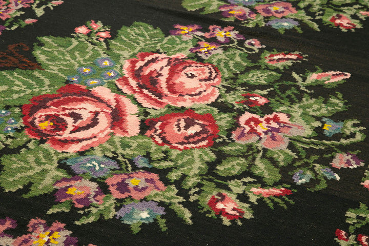 6x15 Black Rose Kilim Runner Rug - 23445