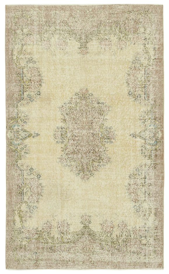 5x9 Beige Turkish Vintage Area Rug - 39056