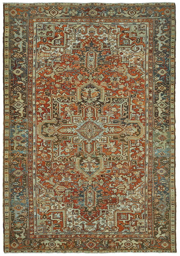 7x11 Beige Antique Persian Heriz Rug - 50042