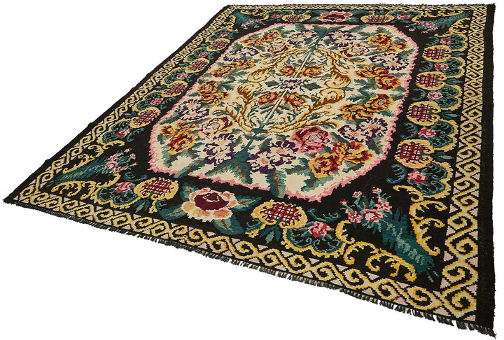 7x9 Black Vintage Moldovan Kilim Rug - 51291