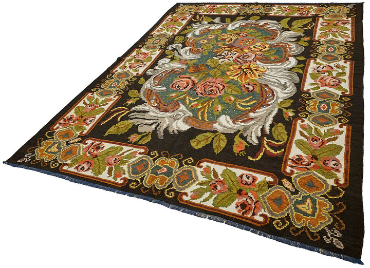 7x10 Black Vintage Moldovan Kilim Rug - 51292