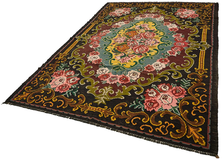 7x11 Black Vintage Moldovan Kilim Rug - 51295