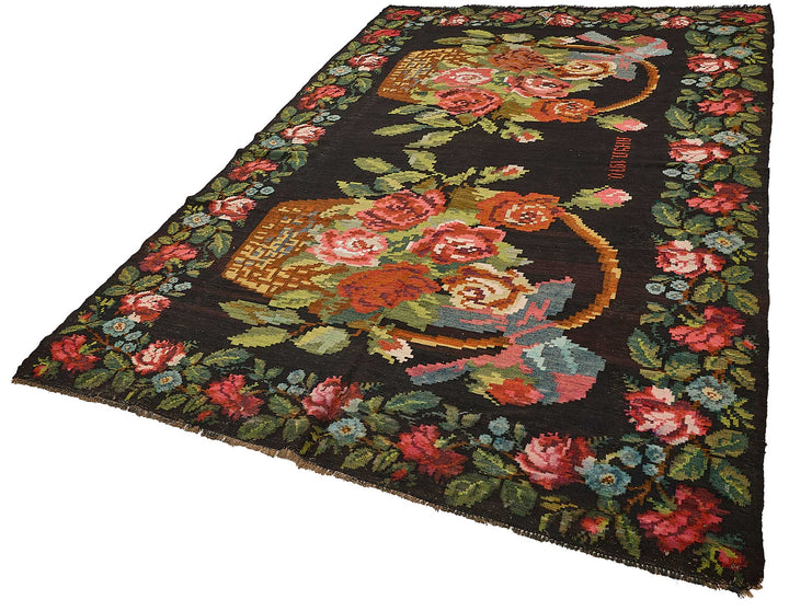 7x10 Black Vintage Moldovan Kilim Rug - 51311
