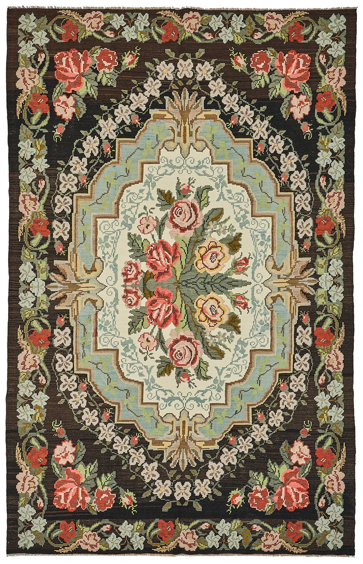 7x10 Black Vintage Moldovan Kilim Rug - 51322