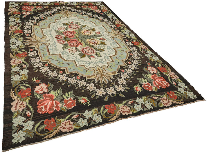 7x10 Black Vintage Moldovan Kilim Rug - 51322