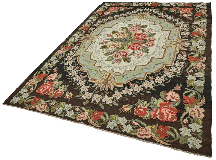 7x10 Black Vintage Moldovan Kilim Rug - 51322