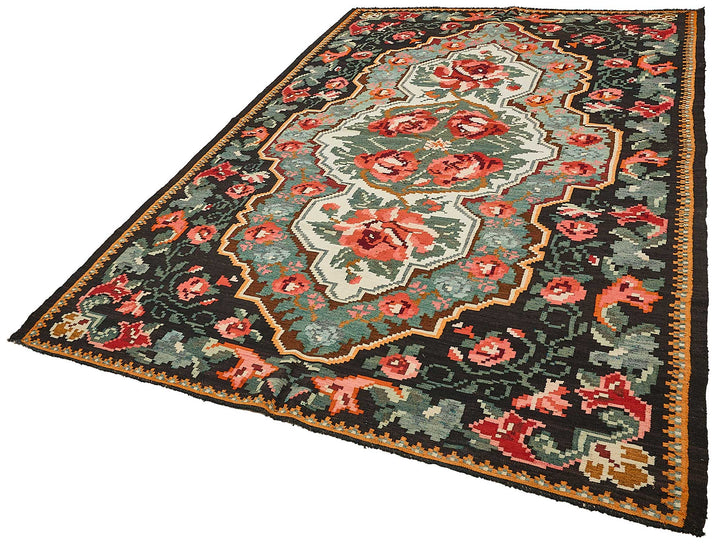 7x11 Black Vintage Moldovan Kilim Rug - 51324