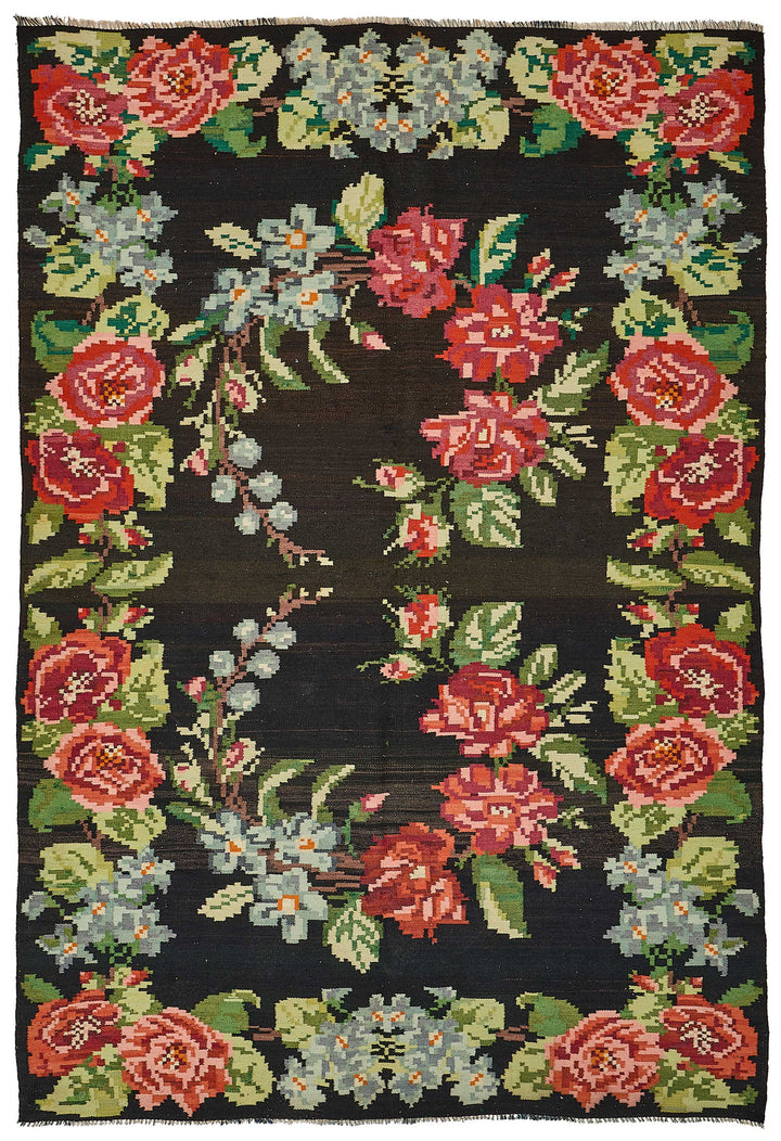 6x9 Black Vintage Moldovan Kilim Rug - 51327