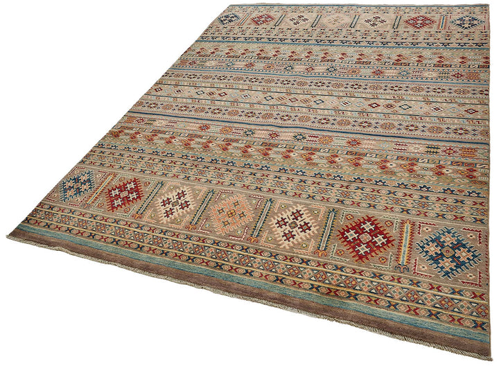 7x10 Beige Handmade Tribal Geometric Oushak Rug - 51589