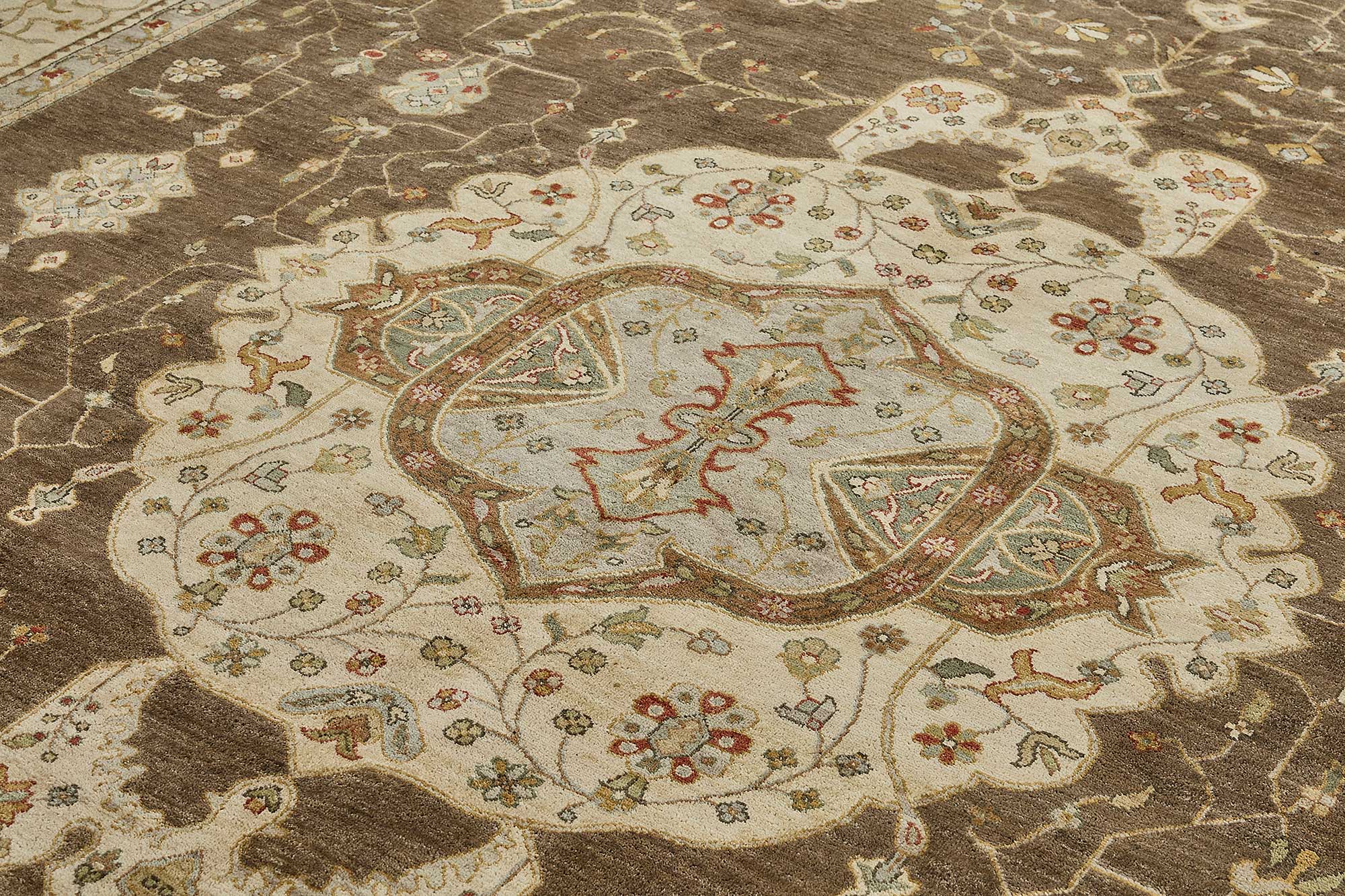 10x14 Brown Handmade Floral Medallion Oushak Rug - 51653