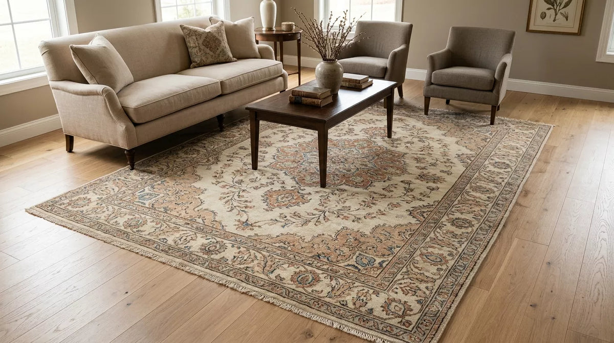 Large antique Persian area rug with a medallion design anchoring a living room seating group